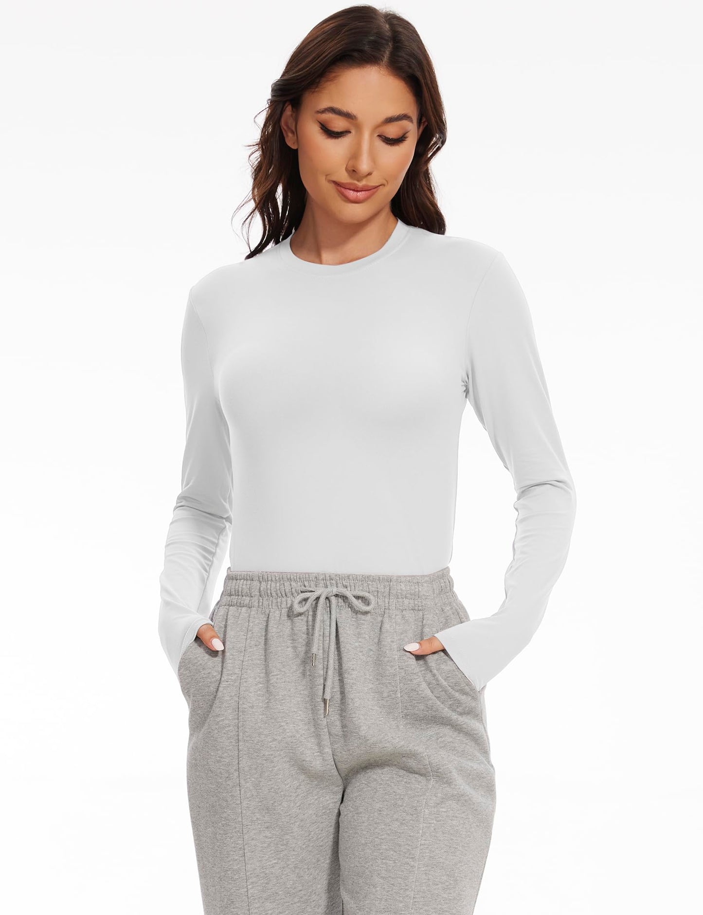 5 Pack Womens Basic Long Sleeve Shirts Crew Neck Slim-Fit Fitted T Shirts Tops Undershirts Underscrub Baselayer 2 Black 2 White 1 Heather Grey Medium