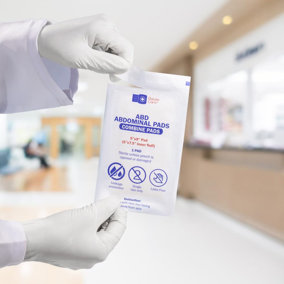 GauzeCare Sterile Abdominal- ABD Combine Pads| 50-Pack, 5 x 9 Inches| Extra Absorbent & Thick, Individually Wrapped Wound Dressing, First Aid Pads| Surgical-Grade, Nonstick- for Heavy Leakage, Post Op