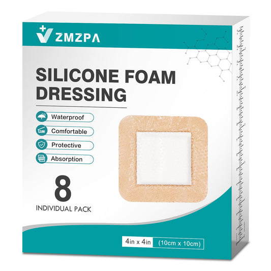 8Pcs Silicone Foam Dressing 4x4 Gentle Border, Waterproof Silicone Bandages for Wounds Care, Bed Sore Patches, Super Absorbent Wound Dressing, Self Adhesive Pressure Sore Pads