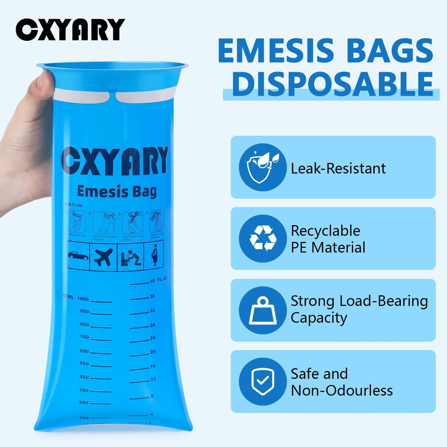 200 Pack Vomit Bags Disposable, 1000ml Emesis Bags, Portable Throw Up Puke Nausea Bag for Pregnant Women, Leak Resistant for Car and Travel Motion Sickness