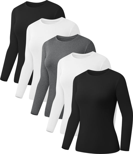 5 Pack Womens Basic Long Sleeve Shirts Crew Neck Slim-Fit Fitted T Shirts Tops Undershirts Underscrub Baselayer 2 Black 2 White 1 Heather Grey Medium