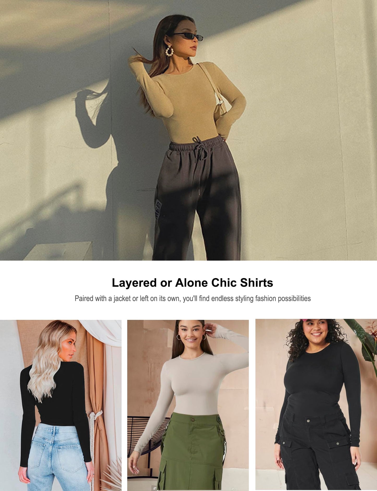 5 Pack Womens Basic Long Sleeve Shirts Crew Neck Slim-Fit Fitted T Shirts Tops Undershirts Underscrub Baselayer 2 Black 2 White 1 Heather Grey Medium