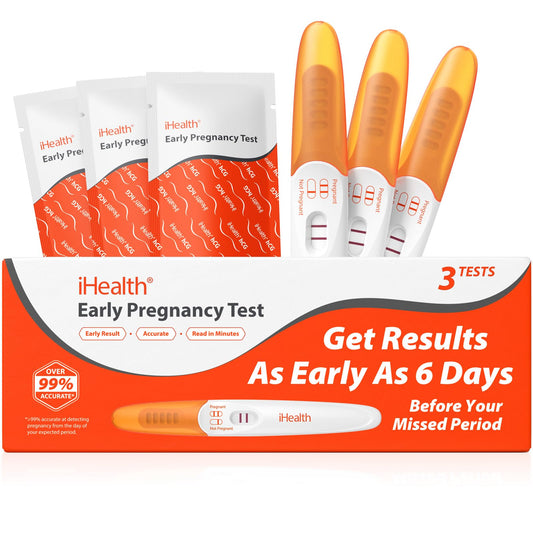 iHealth Pregnancy Test 3-Pack, Early Detection Ultra-Sensitive Results 6 Days Before Missed Period, Over 99% Accurate. Easy at-Home Fertility HCG Test Kit, Individually Wrapped, Pruebas de embarazo