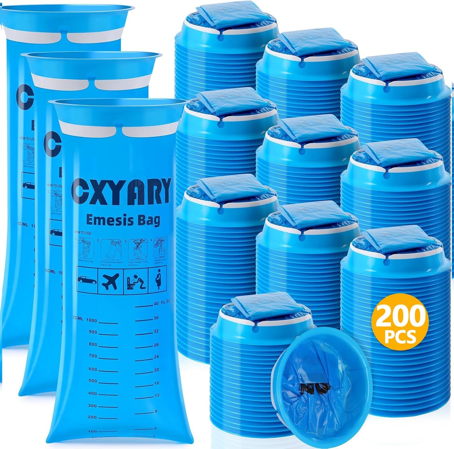 200 Pack Vomit Bags Disposable, 1000ml Emesis Bags, Portable Throw Up Puke Nausea Bag for Pregnant Women, Leak Resistant for Car and Travel Motion Sickness