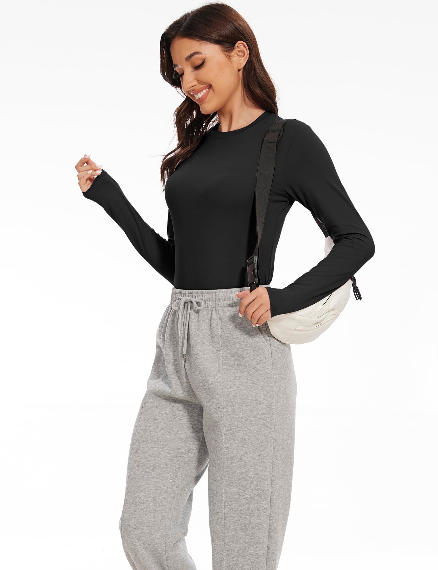 5 Pack Womens Basic Long Sleeve Shirts Crew Neck Slim-Fit Fitted T Shirts Tops Undershirts Underscrub Baselayer 2 Black 2 White 1 Heather Grey Medium