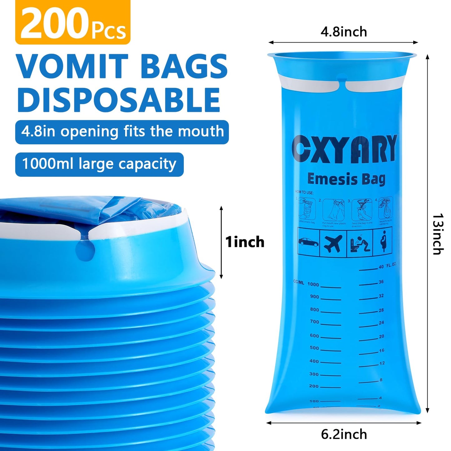 200 Pack Vomit Bags Disposable, 1000ml Emesis Bags, Portable Throw Up Puke Nausea Bag for Pregnant Women, Leak Resistant for Car and Travel Motion Sickness