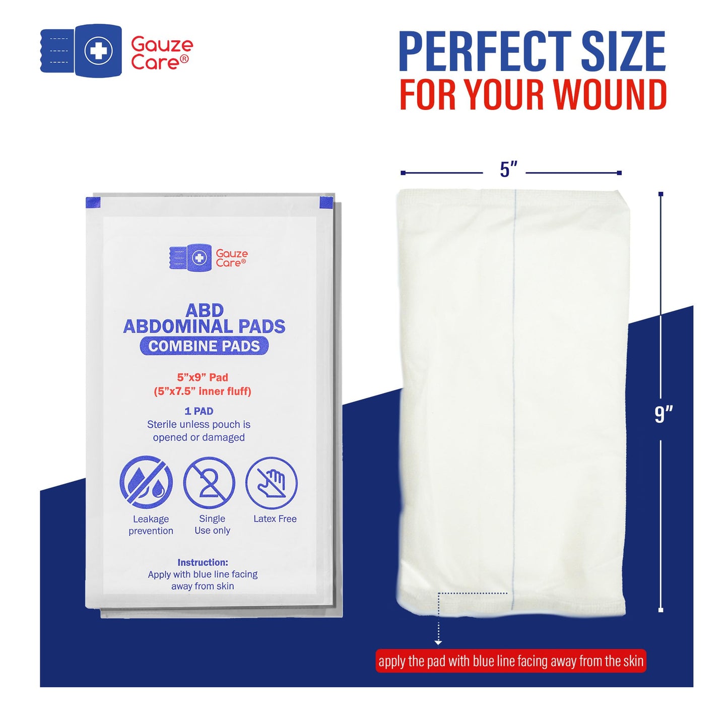 GauzeCare Sterile Abdominal- ABD Combine Pads| 50-Pack, 5 x 9 Inches| Extra Absorbent & Thick, Individually Wrapped Wound Dressing, First Aid Pads| Surgical-Grade, Nonstick- for Heavy Leakage, Post Op