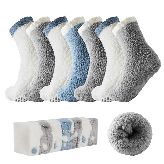Bulinlulu Fuzzy Socks With Grips for Women,7 Pairs Non Slip Hospital Sleep Warm Fluffy Non-Skid Thick Slipper Socks with Grippers(Dark Grey/White/Blue)