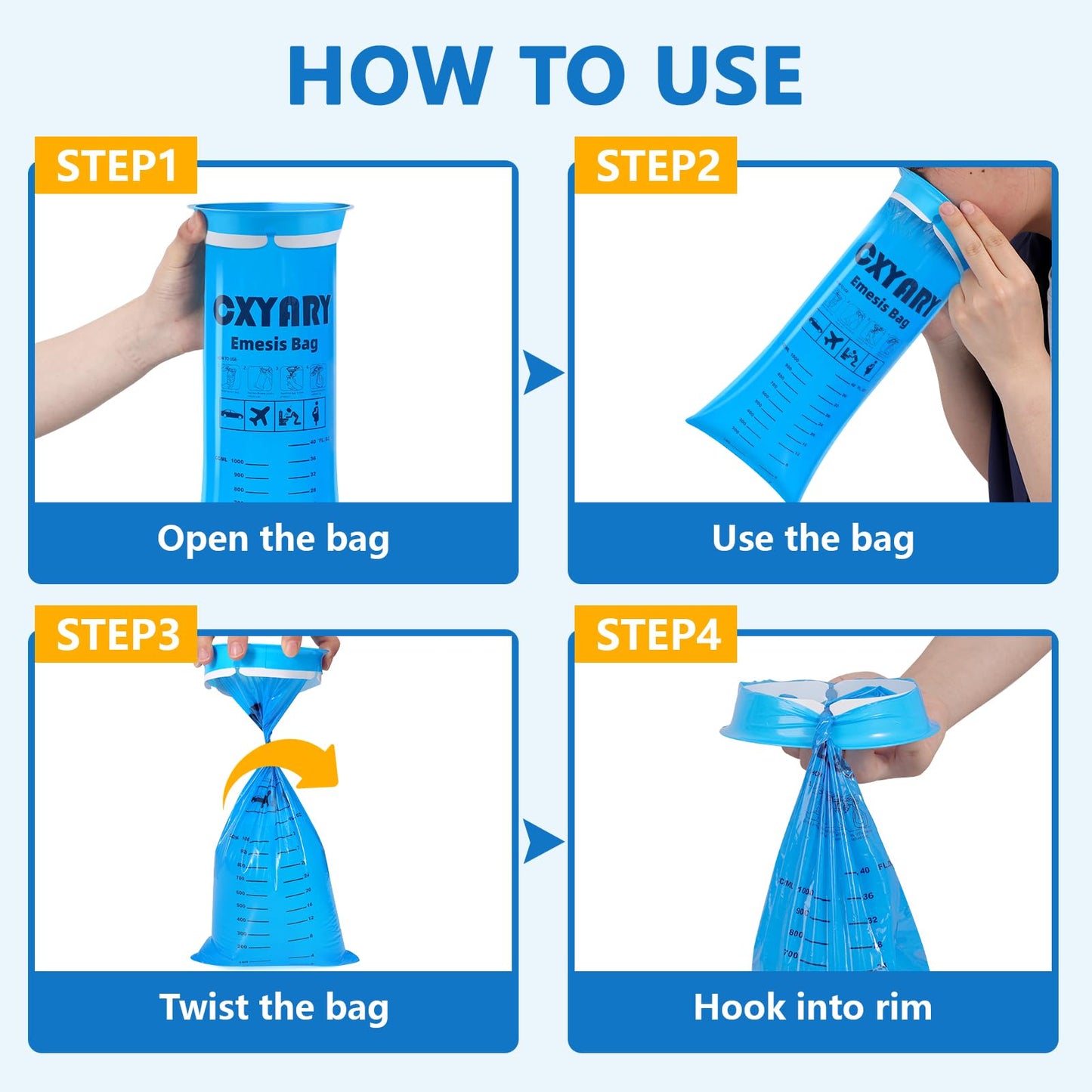 200 Pack Vomit Bags Disposable, 1000ml Emesis Bags, Portable Throw Up Puke Nausea Bag for Pregnant Women, Leak Resistant for Car and Travel Motion Sickness