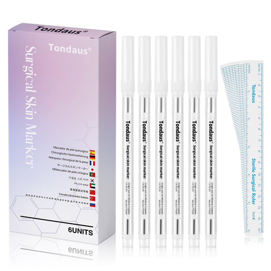 6Pcs Professional Surgical Tip Skin Marker Pen White Stencil Markers Pen with Paper Ruler for Eyebrow, Tattoo Skin Marking Individually Wrapped 1.0 MM
