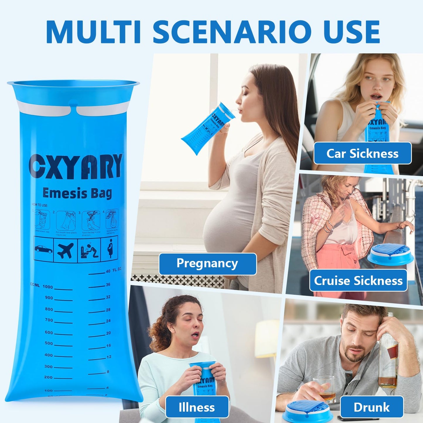 200 Pack Vomit Bags Disposable, 1000ml Emesis Bags, Portable Throw Up Puke Nausea Bag for Pregnant Women, Leak Resistant for Car and Travel Motion Sickness