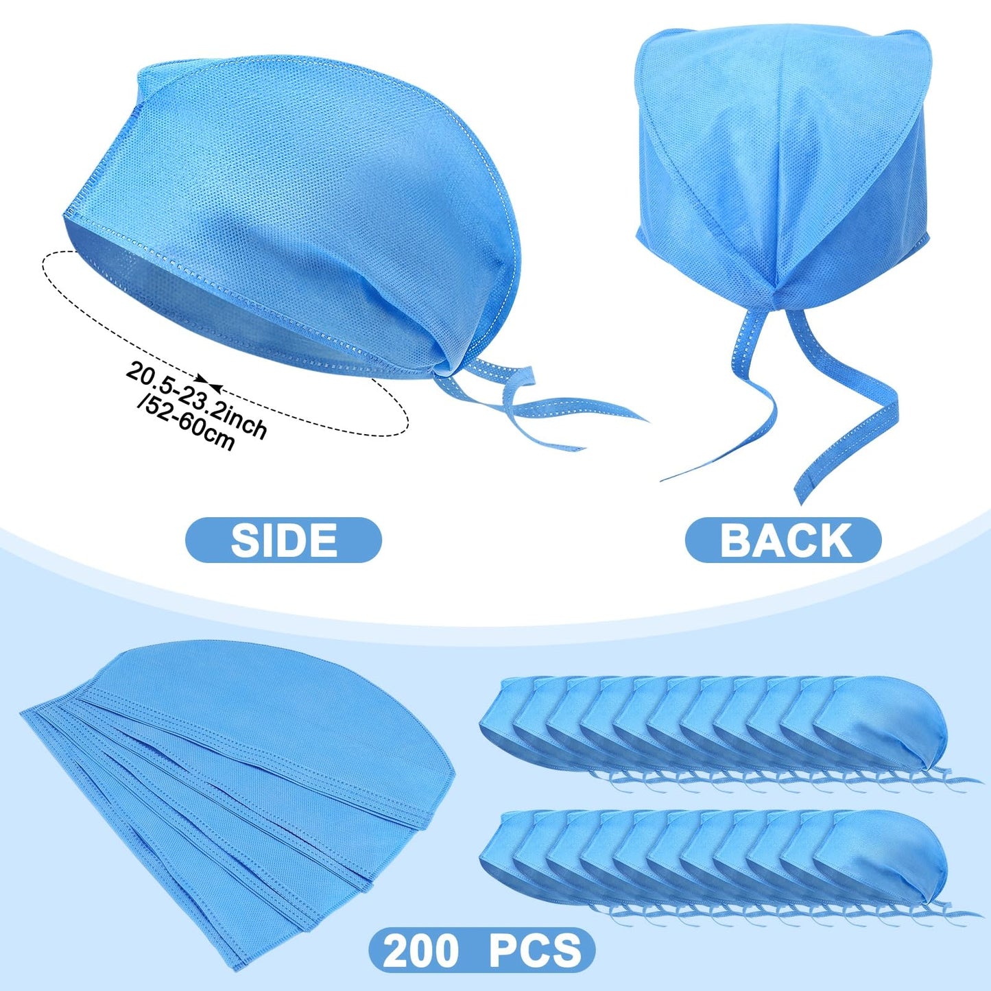 200 Pcs Disposable Surgical Caps Disposable Bouffant Scrub Hats with Tie Blue Nonwoven Elastic Dust Cap Hairnets for Men Women Surgeon Hospital Nurse Spa Food Service Kitchen Head Cover