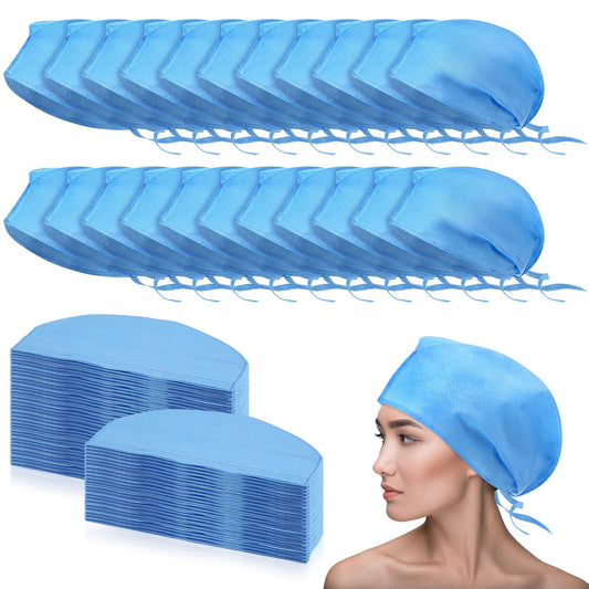 200 Pcs Disposable Surgical Caps Disposable Bouffant Scrub Hats with Tie Blue Nonwoven Elastic Dust Cap Hairnets for Men Women Surgeon Hospital Nurse Spa Food Service Kitchen Head Cover