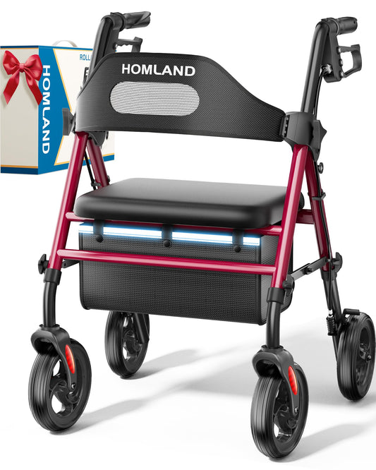Foldable Rollator Walkers with Seat for Seniors, 8'' Big Wheels, 350 lb. Weight Capacity, Adjustable Handles and Seat Height, Lightweight Rolling Walker, Red